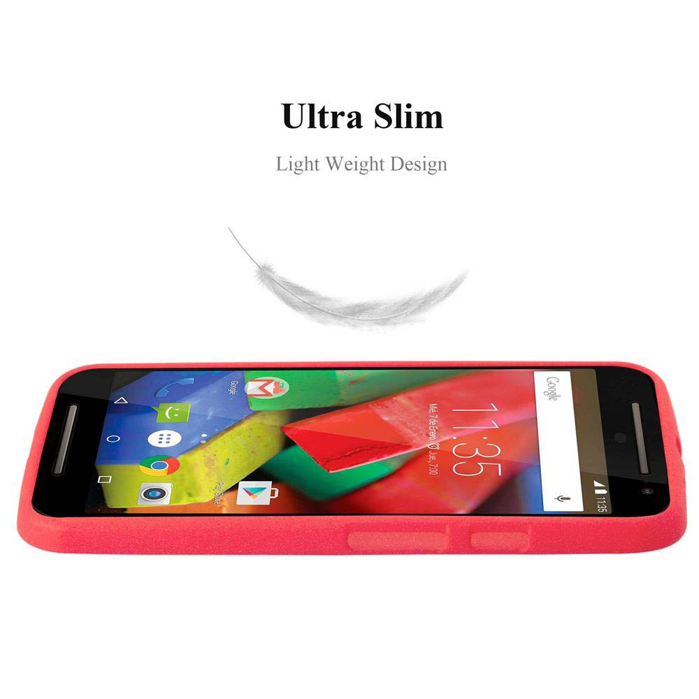Una funda de teléfono roja delgada con una pluma blanca arriba. Texto: Ultra Slim, Light Weight Design.