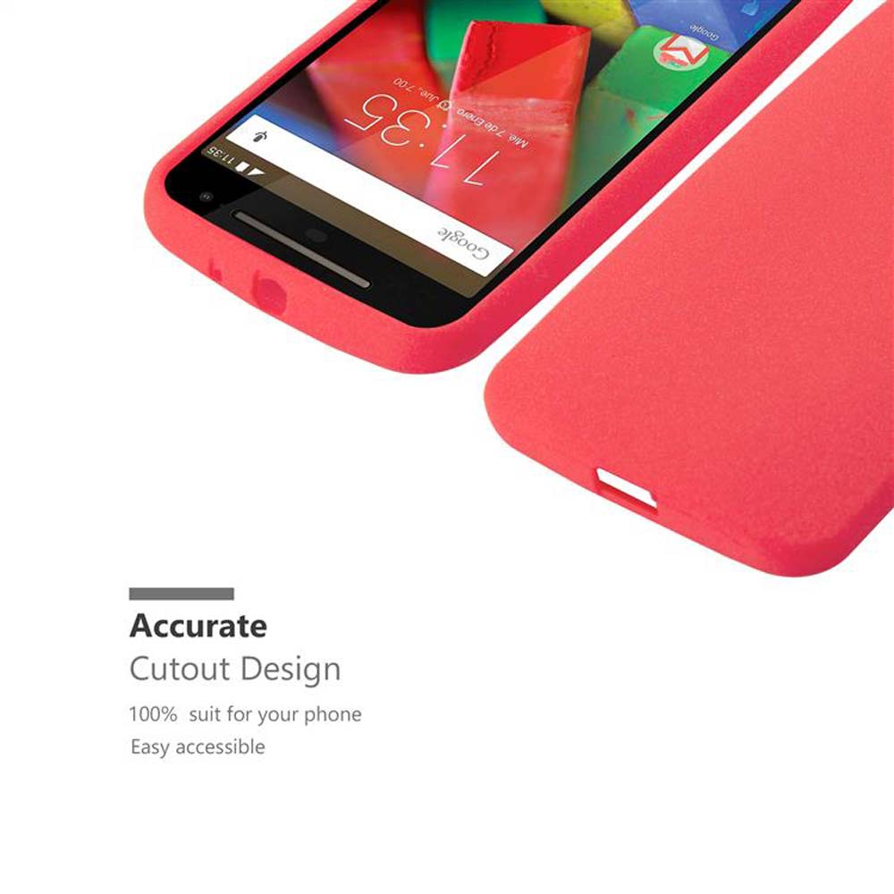 Funda de teléfono roja mostrando un teléfono y su pantalla. Texto: 'Accurate Cutout Design', 100% apto para tu teléfono'.