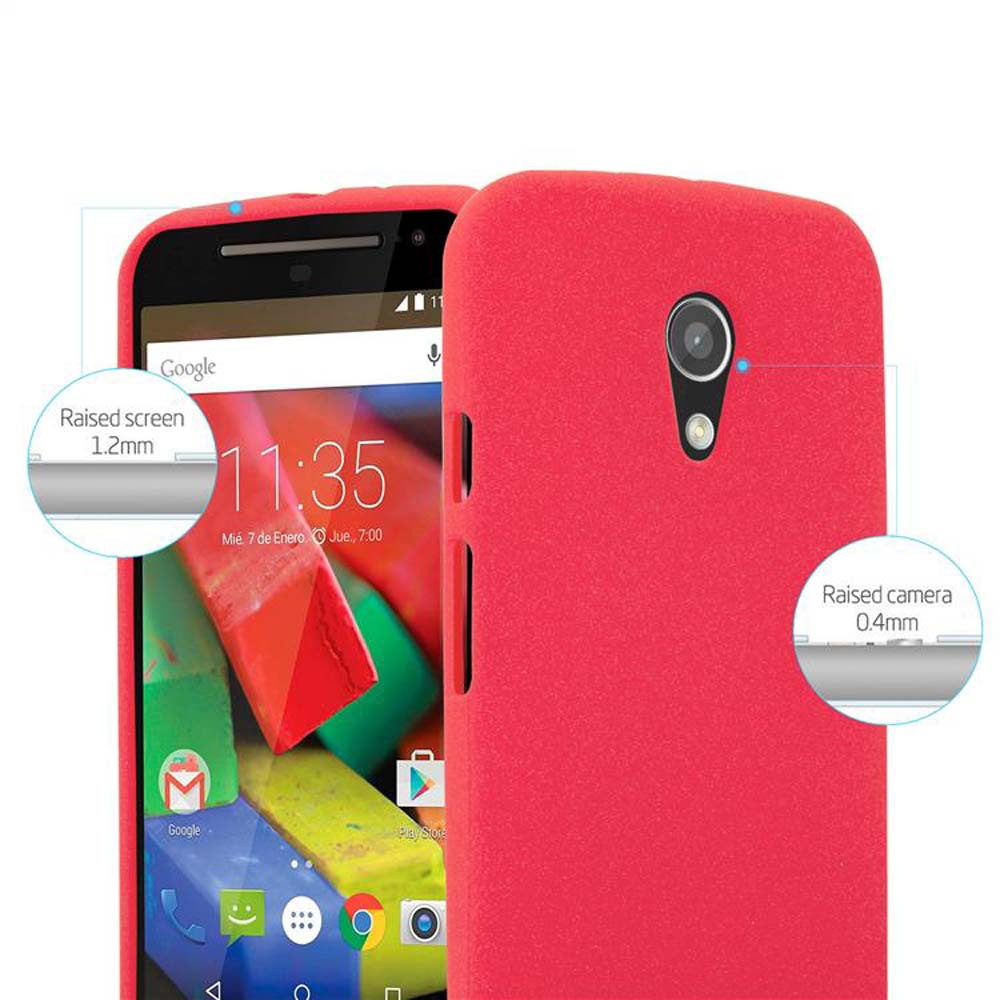 Funda de teléfono roja con teléfono, detalles de pantalla y cámara elevadas, logo Google.