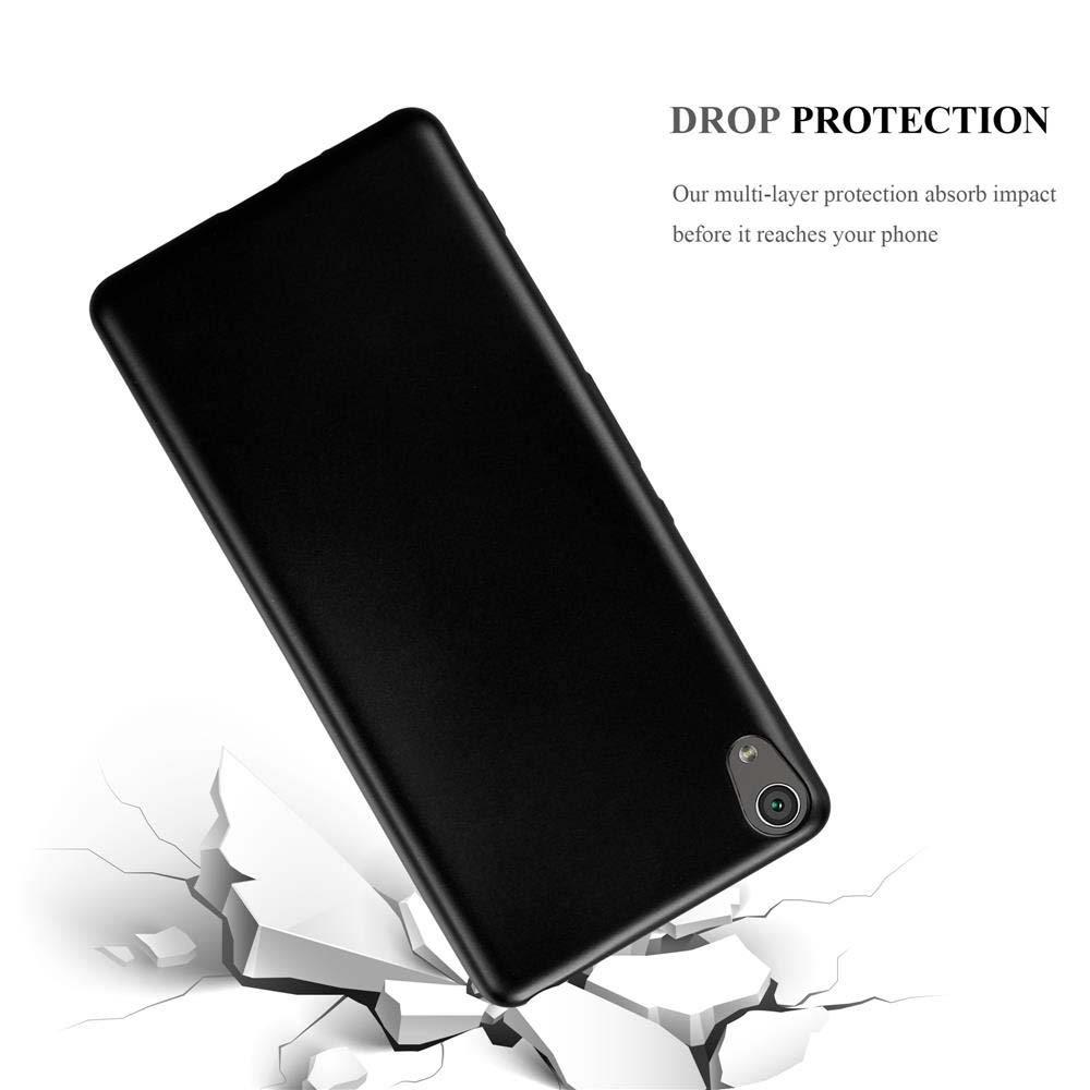Funda de teléfono negra sobre una superficie blanca rota con texto de protección contra caídas.
