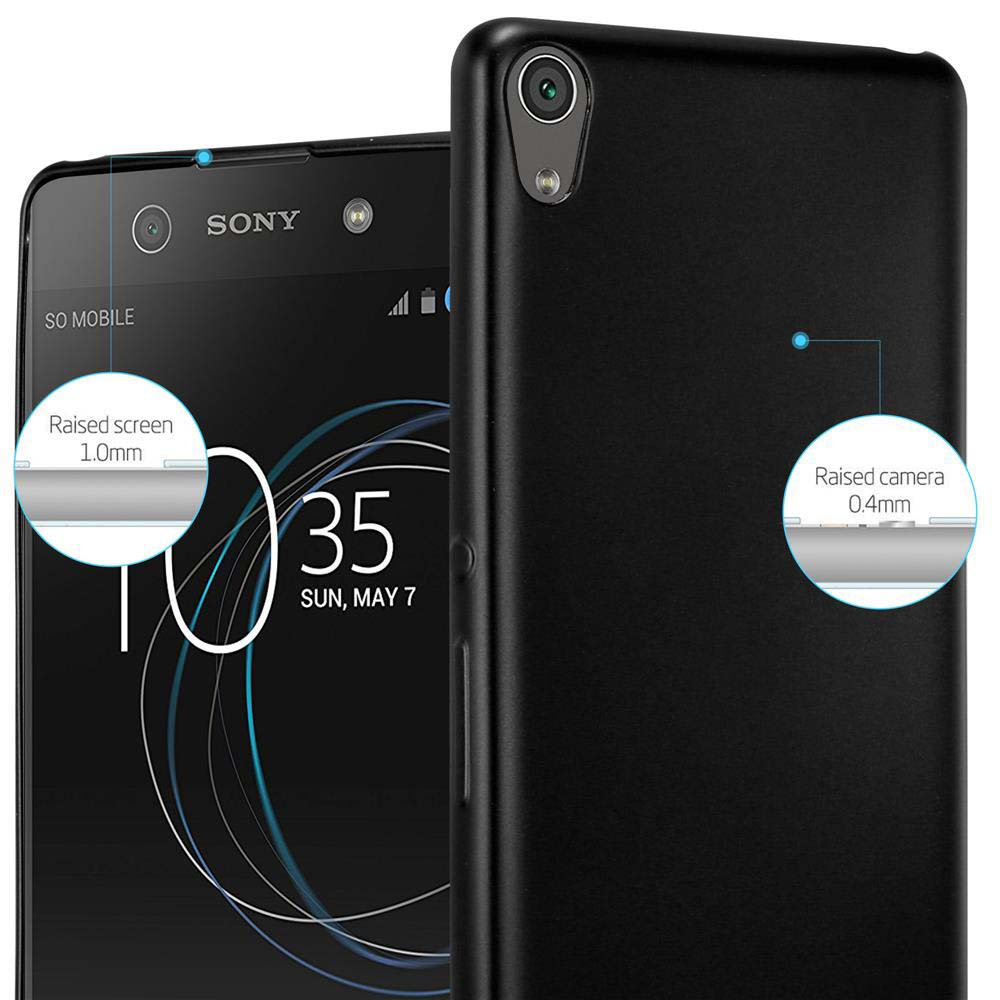 Teléfono y funda negros. Se destacan detalles de la pantalla y la cámara.