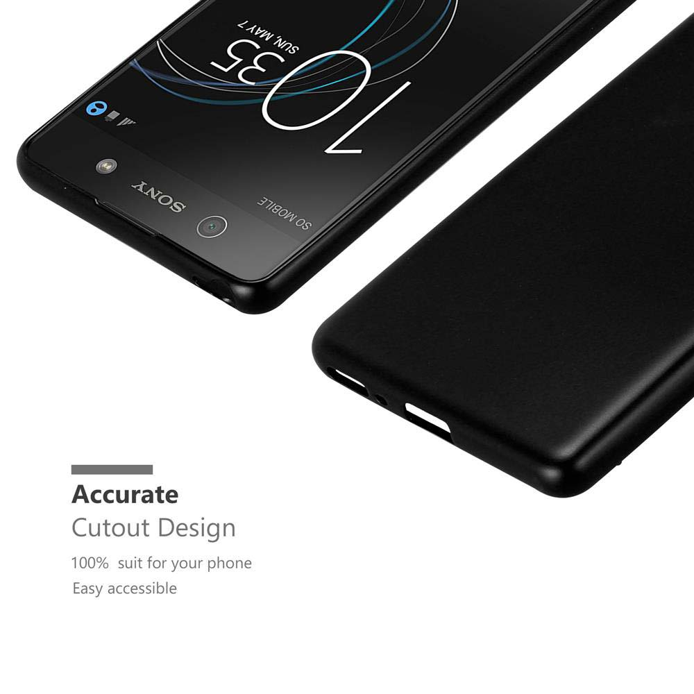 Funda negra para teléfono, mostrando la pantalla del teléfono. La funda tiene recortes para las funciones.