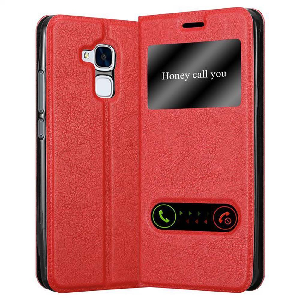Custodia per telefono rossa aperta per rivelare un telefono e una finestra con il testo 'Honey call you'.