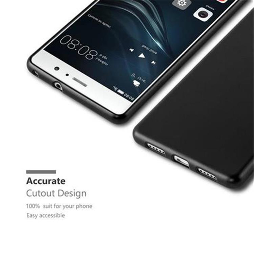 Zwei Telefone, eine schwarze Hülle, ein Telefonbildschirm an. Text: Accurate Cutout Design.