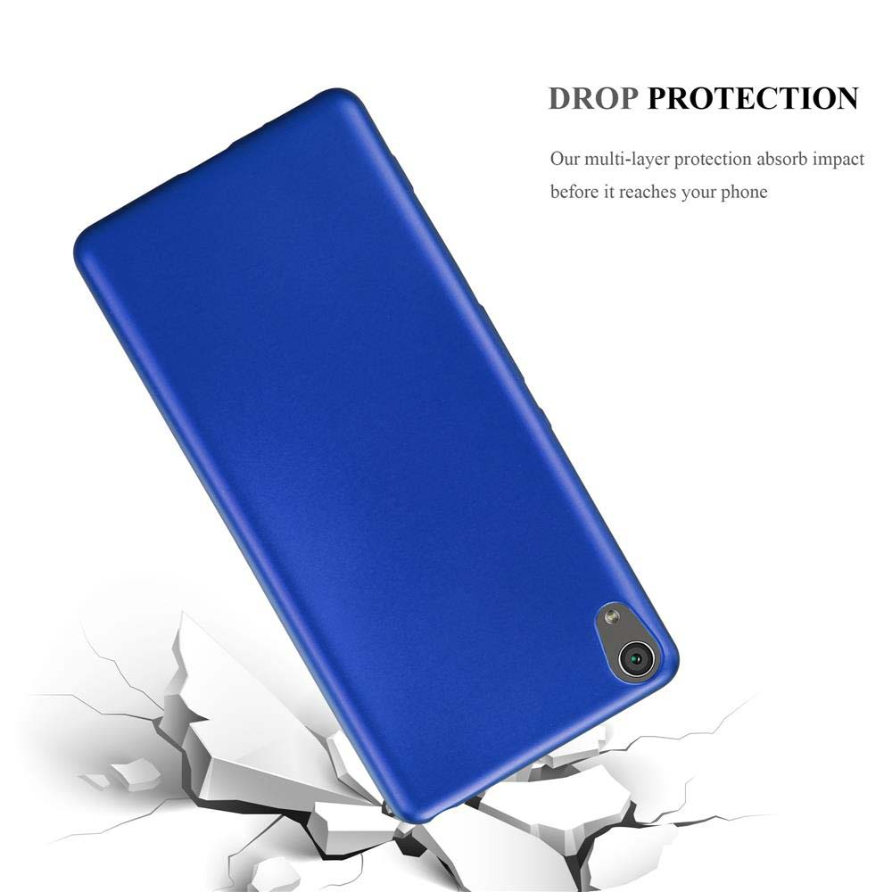 Una funda de teléfono azul cayendo y golpeando el suelo, rompiéndolo. El texto dice: Protección contra caídas.