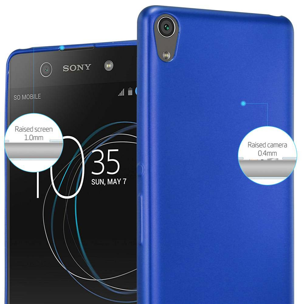 Un teléfono azul y una funda azul con una cámara elevada.