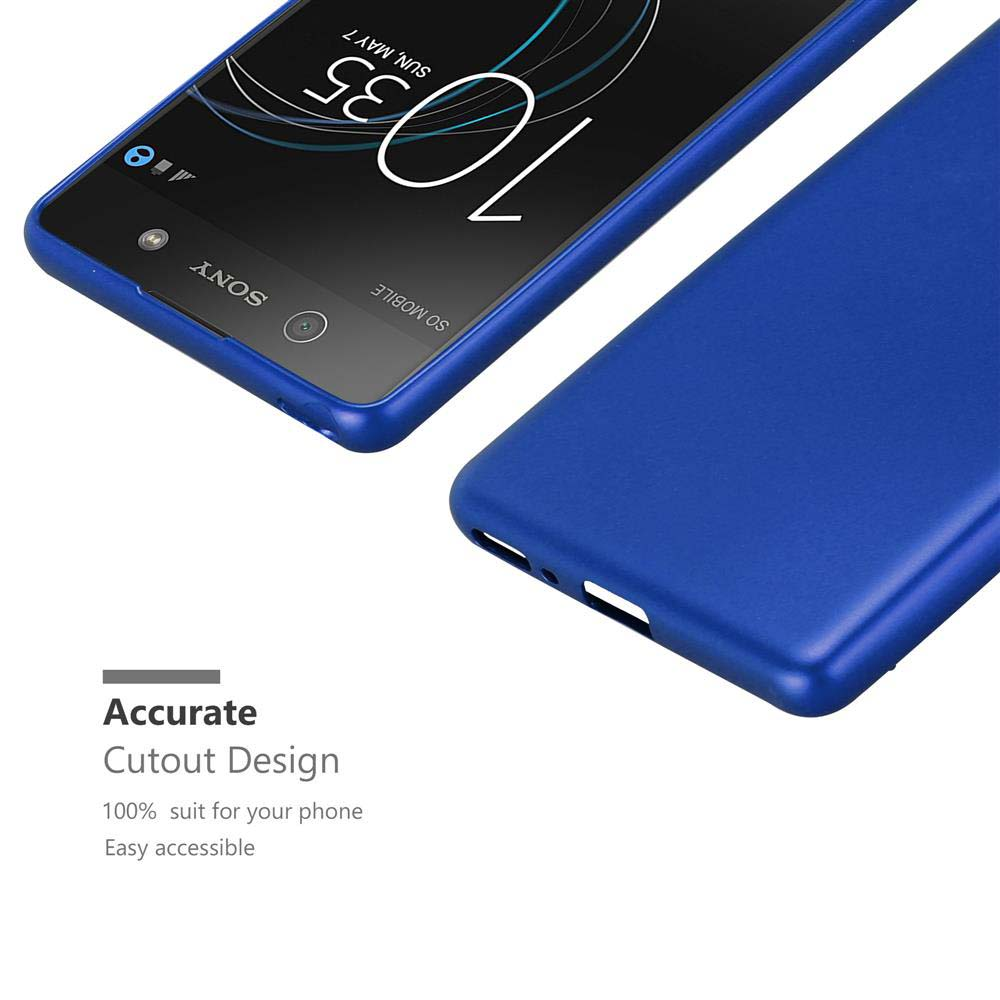 Funda azul con teléfono dentro. La pantalla muestra la hora y batería.