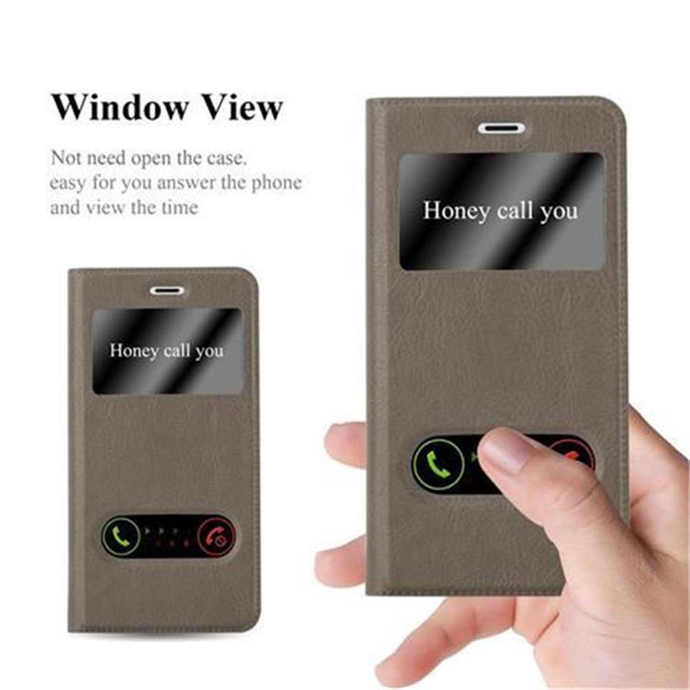 Handyhülle mit Fensteransicht. Zeigt 'Honey call you'. Hand hält Hülle mit Anruftasten.