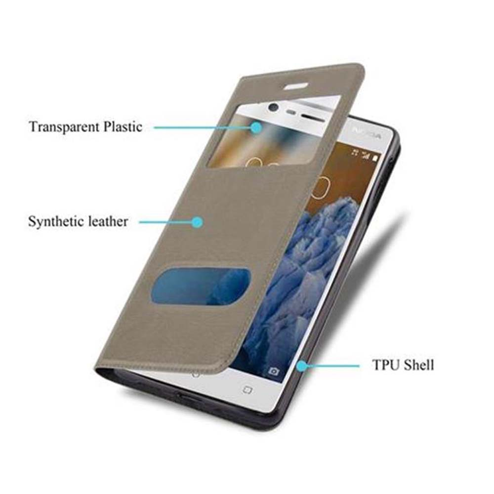 Ein Telefon mit Hülle mit transparentem Kunststoff wird gezeigt. Die Hülle ist Kunstleder.
