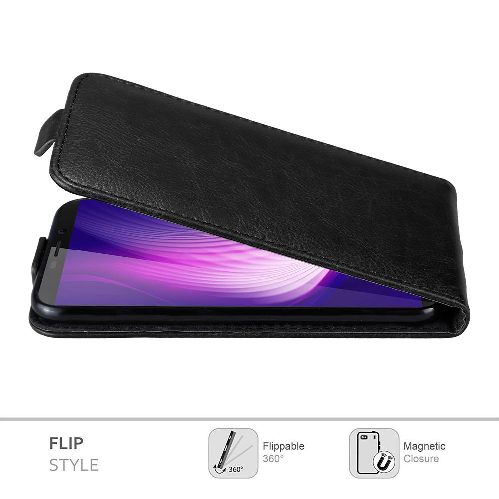 Eine schwarze Handyhülle im Klappstil mit einem sichtbaren Telefonbildschirm im Inneren, mit Klappstil-Symbolen.