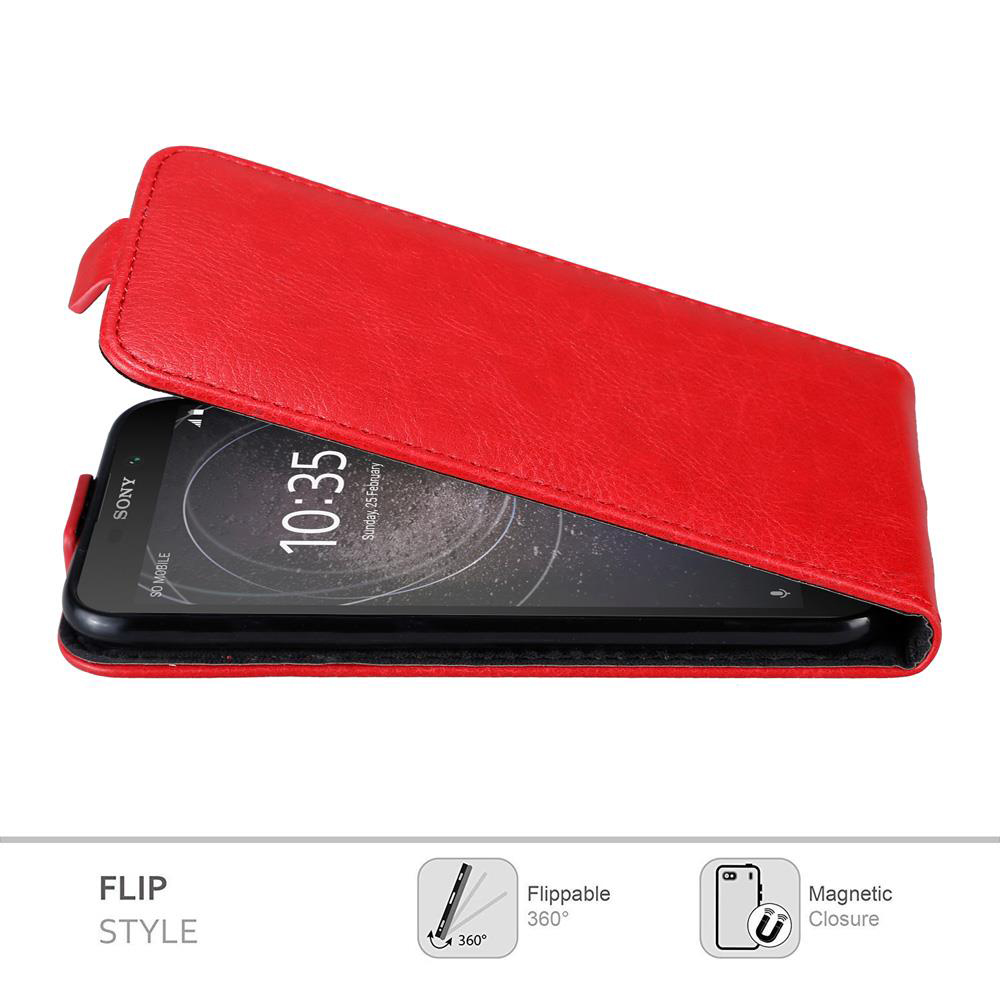 Eine rote Klapp-Handyhülle geöffnet, die den Telefonbildschirm zeigt.