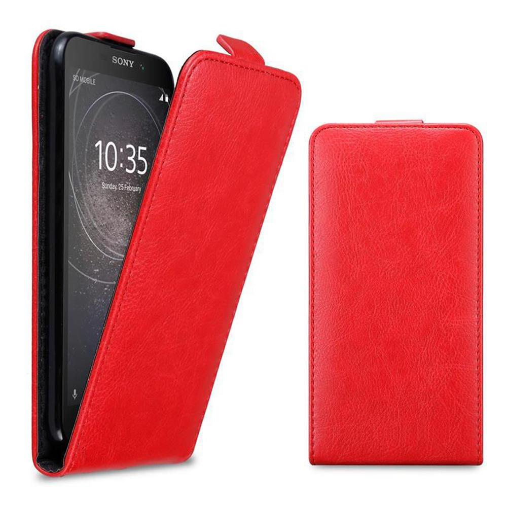 Rote Handyhülle, die die geöffnete Hülle mit dem Telefon zeigt. Die Hülle zeigt den Bildschirm des Telefons.