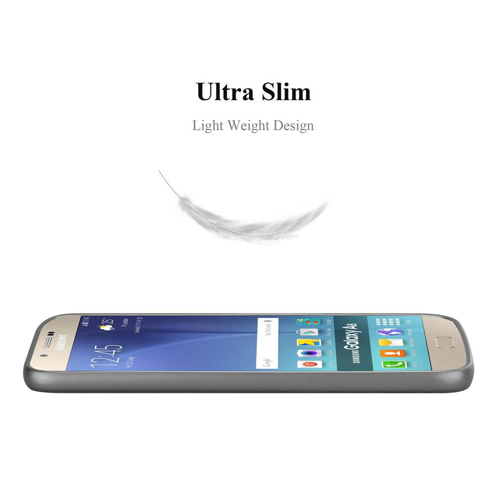 Telefon liegt flach. Eine Feder schwebt über dem Telefon. Text: Ultra Schlank, Leichte Design.