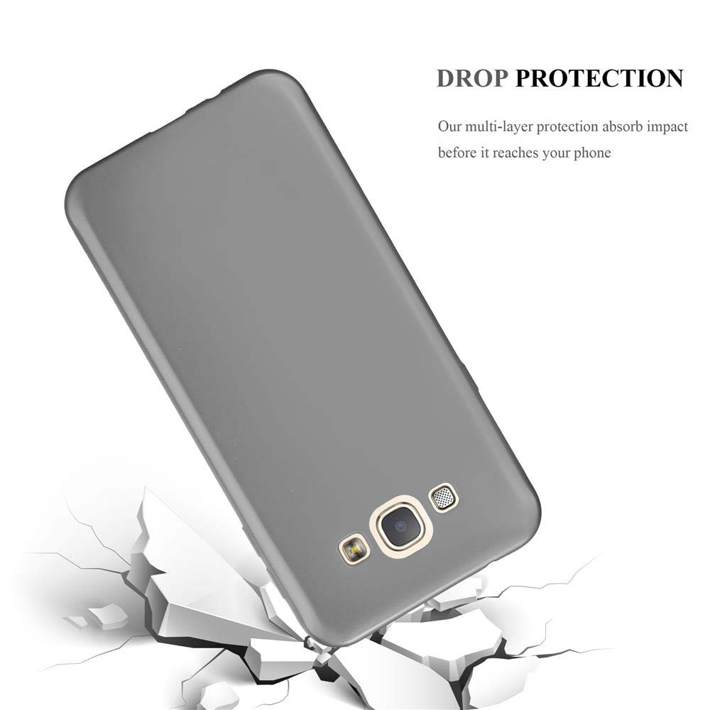 Eine graue Handyhülle fällt abgewinkelt auf eine zerbrochene weiße Oberfläche. Der Text oben lautet DROP PROTECTION.