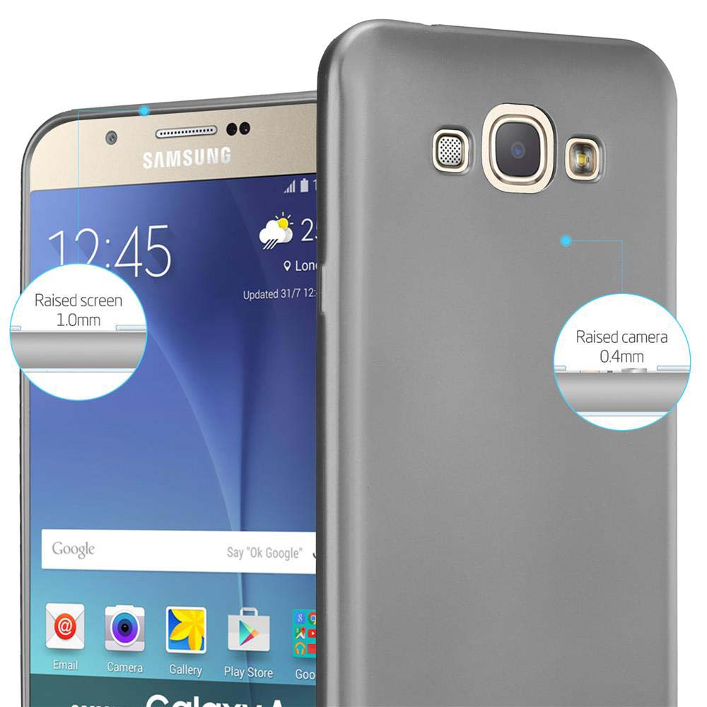 Graues Telefon mit Hülle, das den Bildschirm und die Kameradetails des Telefons zeigt.