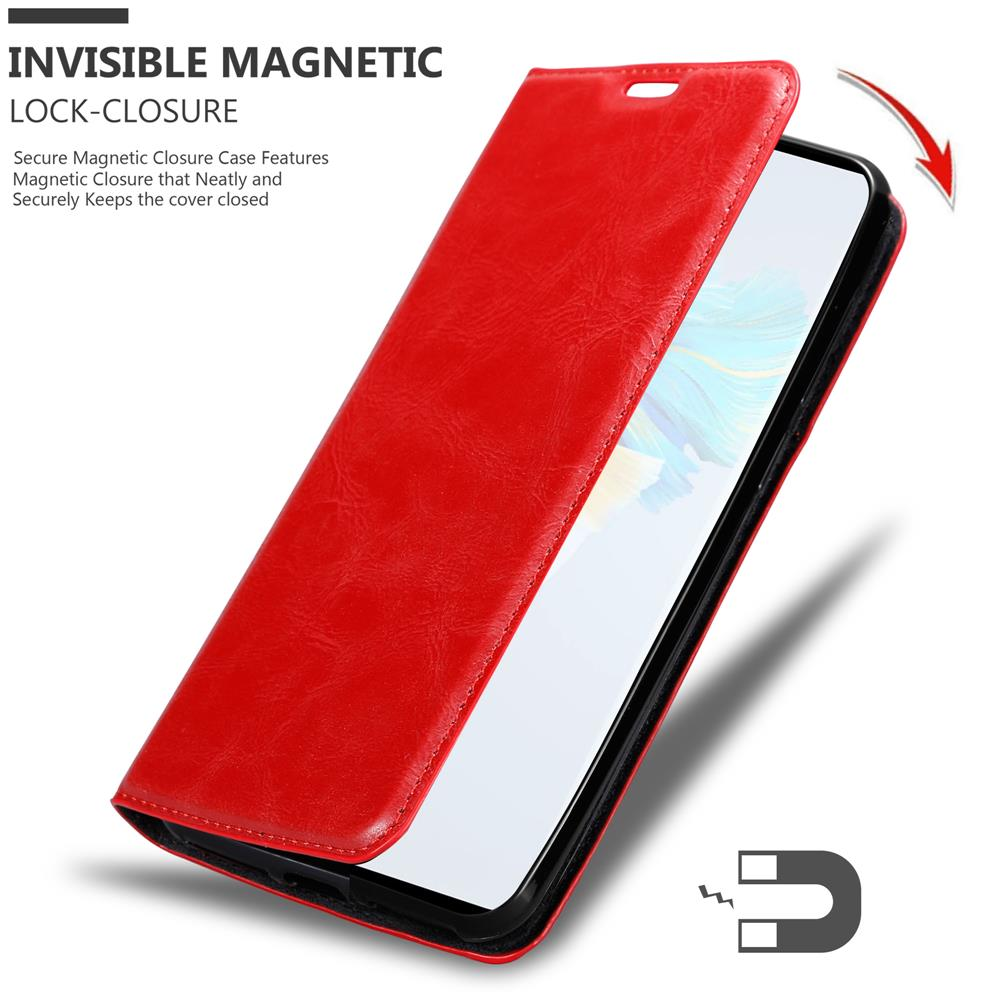 Una custodia rossa con chiusura magnetica, aperta, che rivela lo schermo del telefono.