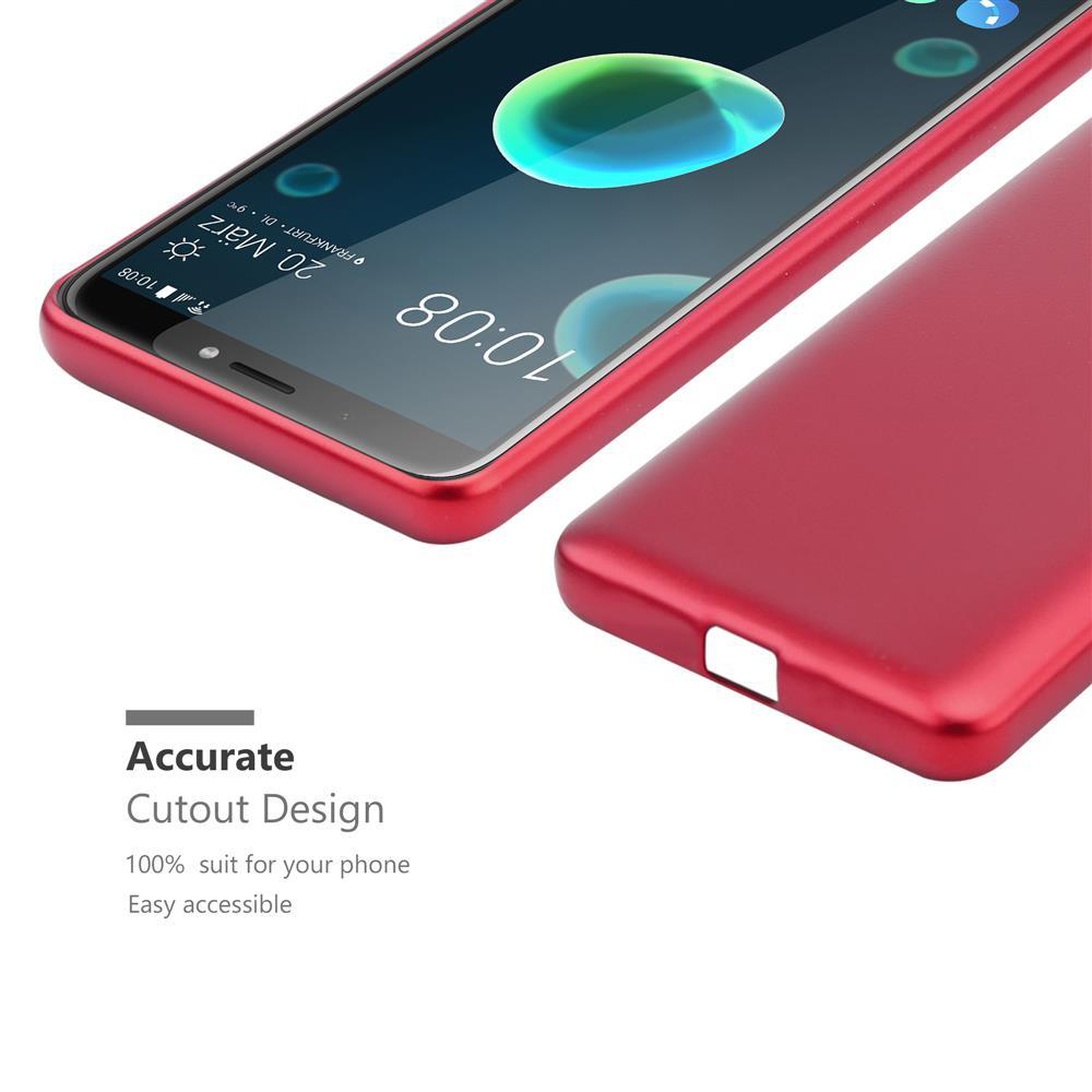 Viene mostrato un telefono rosso con uno schermo che mostra l'ora. Accanto c'è una custodia rossa.