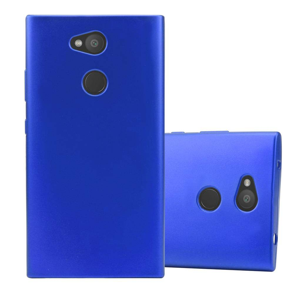Due custodie blu per telefono. Una è verticale, l'altra orizzontale. Entrambe hanno un obiettivo della fotocamera.