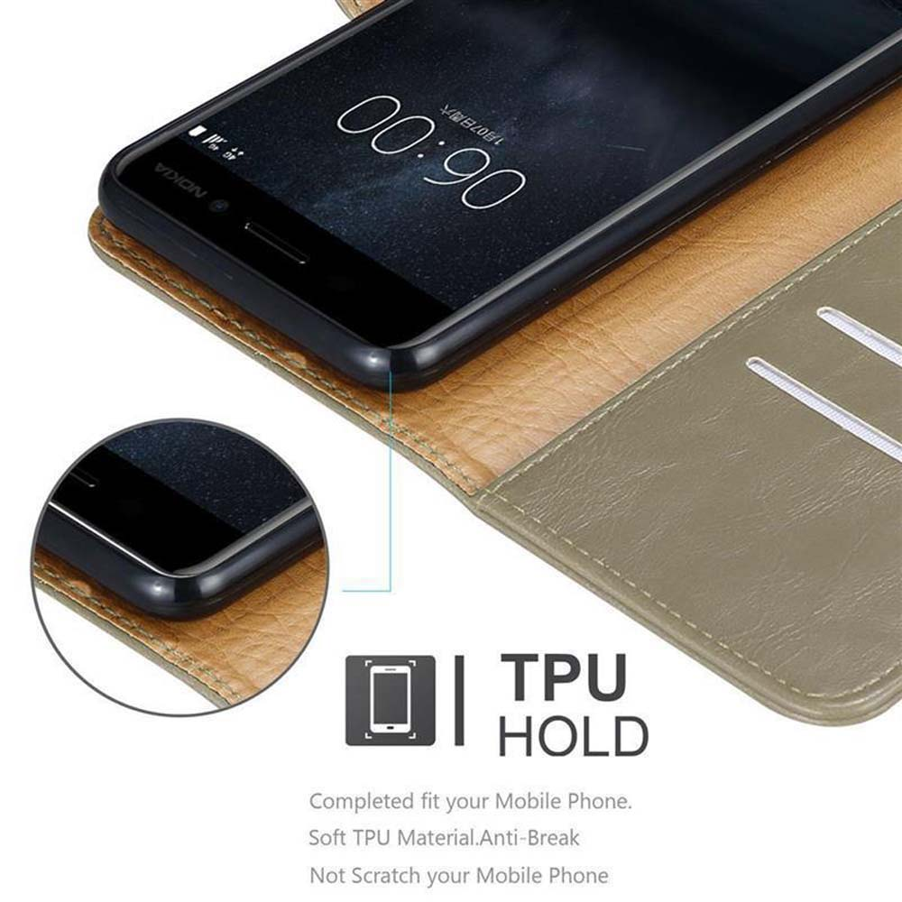 Un telefono nero in una custodia di pelle marrone, con la custodia aperta. Viene evidenziata la presa TPU.