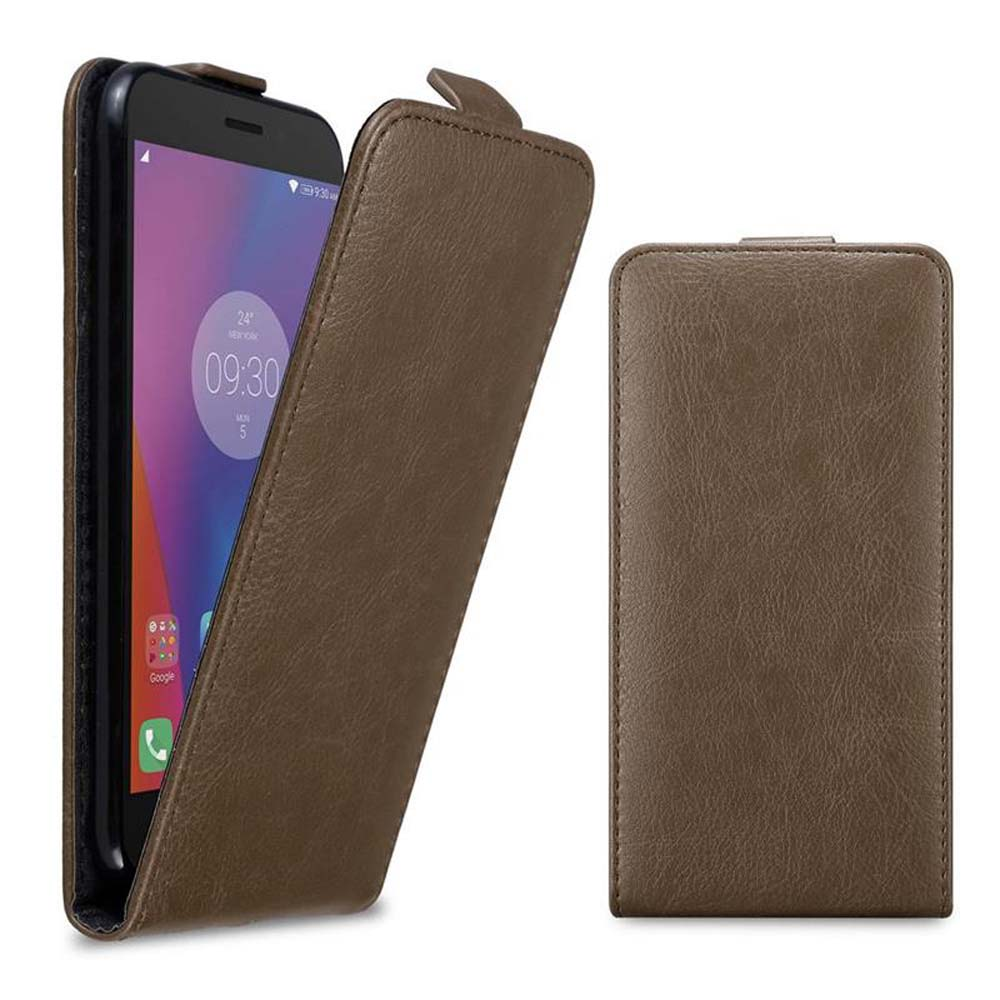 Braune Handyhülle mit Telefon, zwei Ansichten. Eine Ansicht mit geöffneter Hülle.