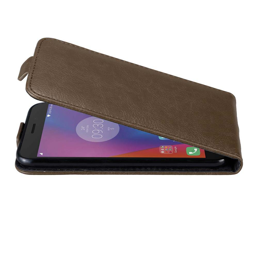 Braune Handyhülle mit Telefon, das die Zeit anzeigt. Geöffnet, Bildschirm sichtbar.