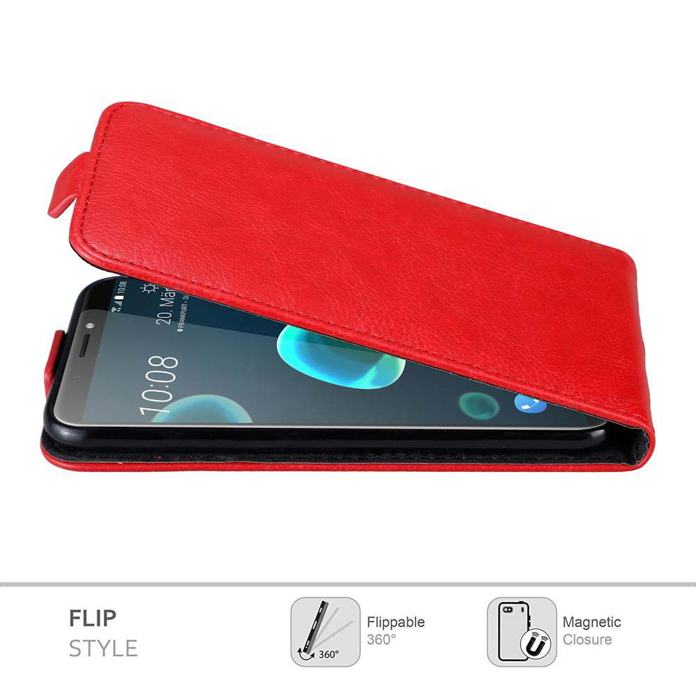 Custodia per telefono rossa a ribalta, aperta. Lo schermo del telefono mostra l'ora. Testo: FLIP STYLE, Flippable 360°.