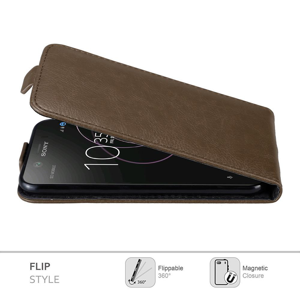 Custodia in pelle marrone aperta, che rivela telefono e display.