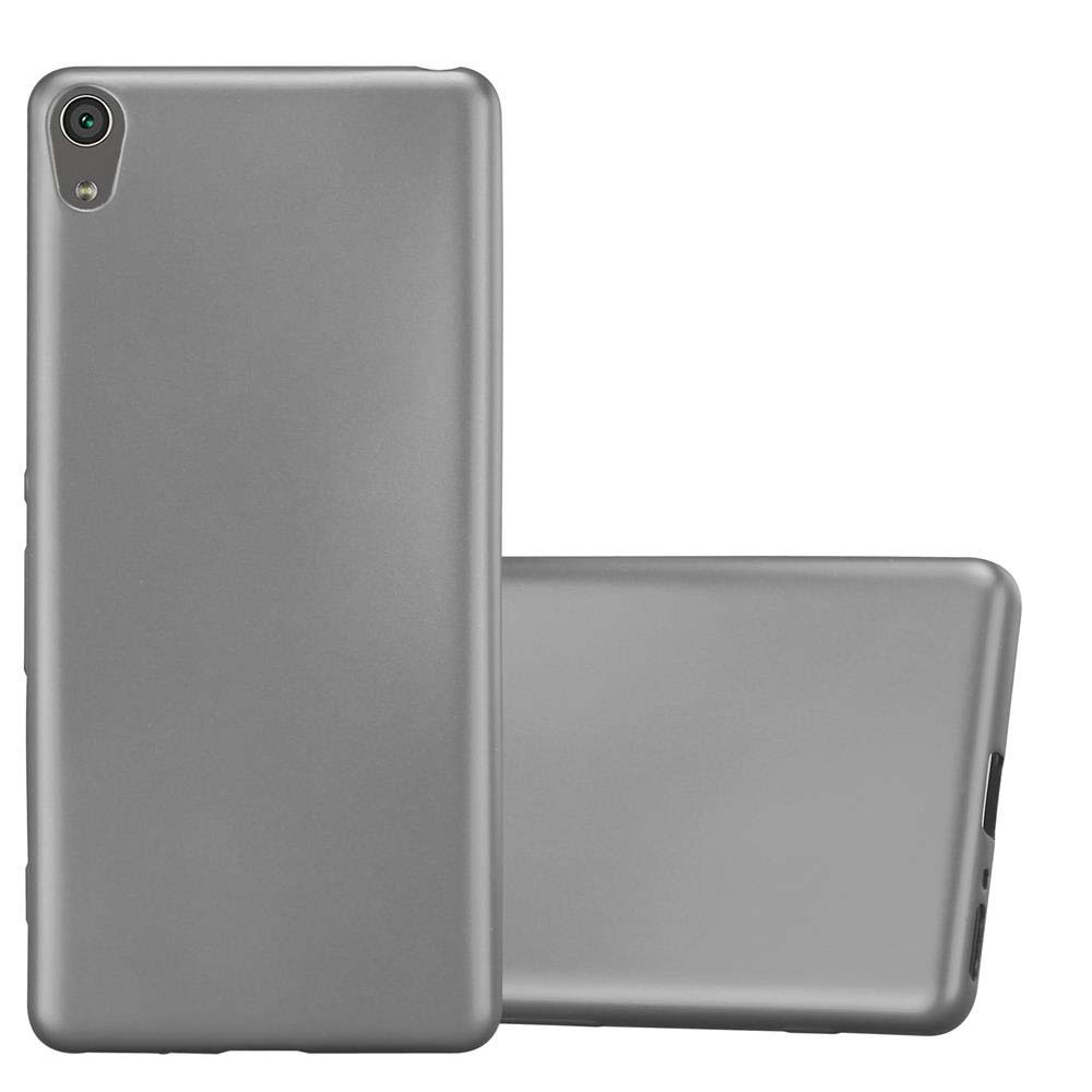 Dos fundas grises para teléfono. Una está de pie, la otra está tumbada. Ambas tienen un recorte para la cámara.