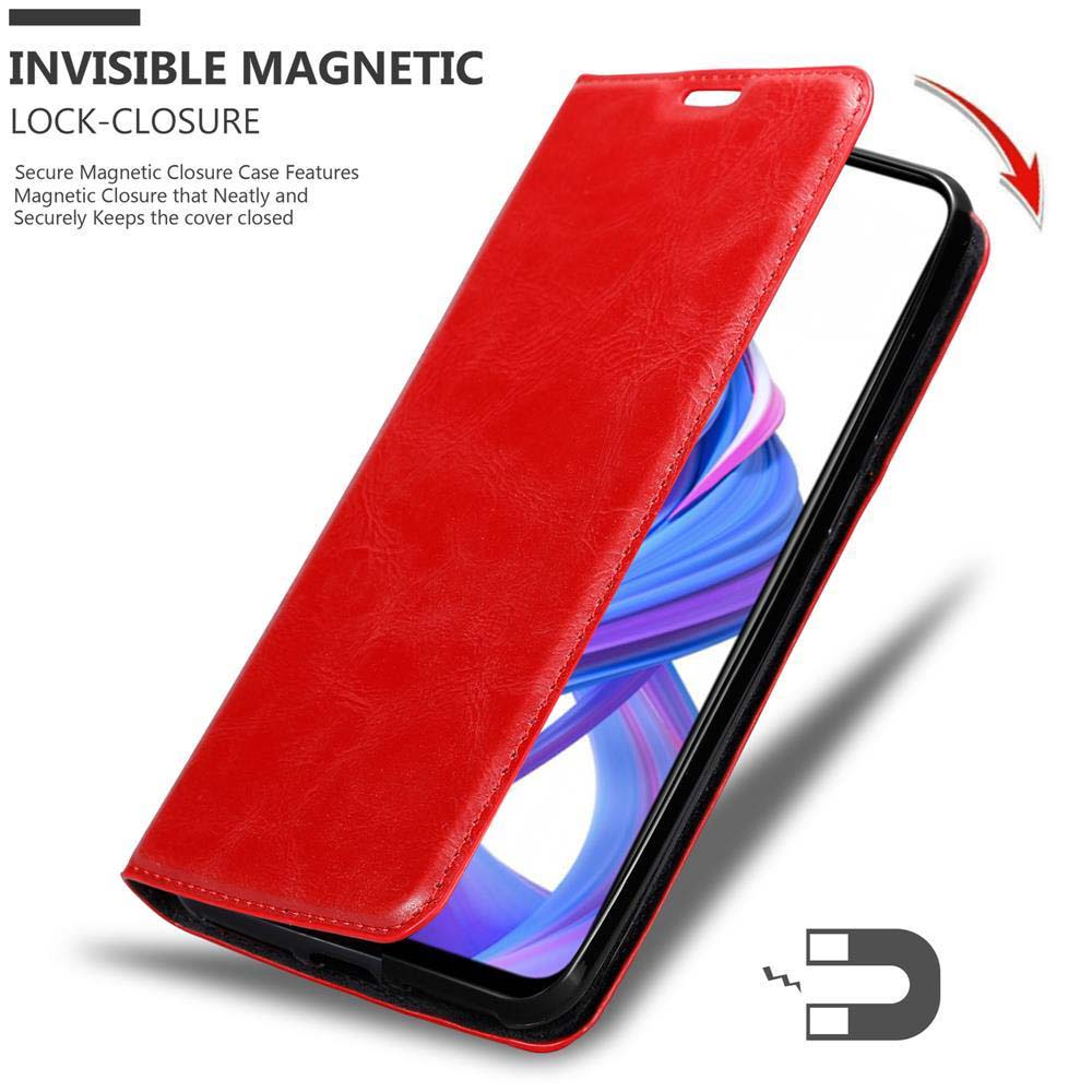 Rote Handyhülle mit einem Telefon im Inneren. Text: Unsichtbarer Magnetverschluss. Die Hülle ist offen.