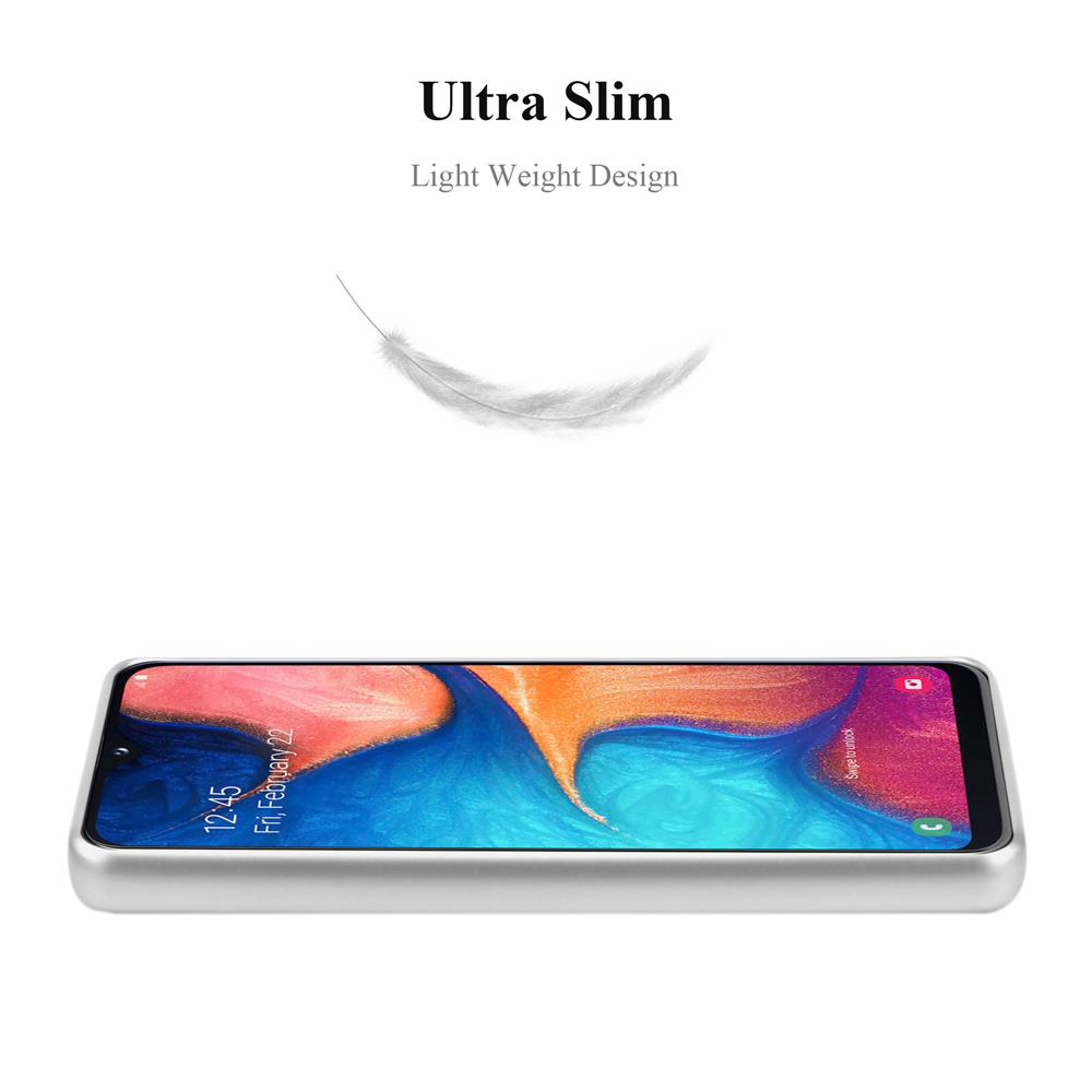 Un telefono argentato con schermo con design blu e arancione e una piuma sopra.