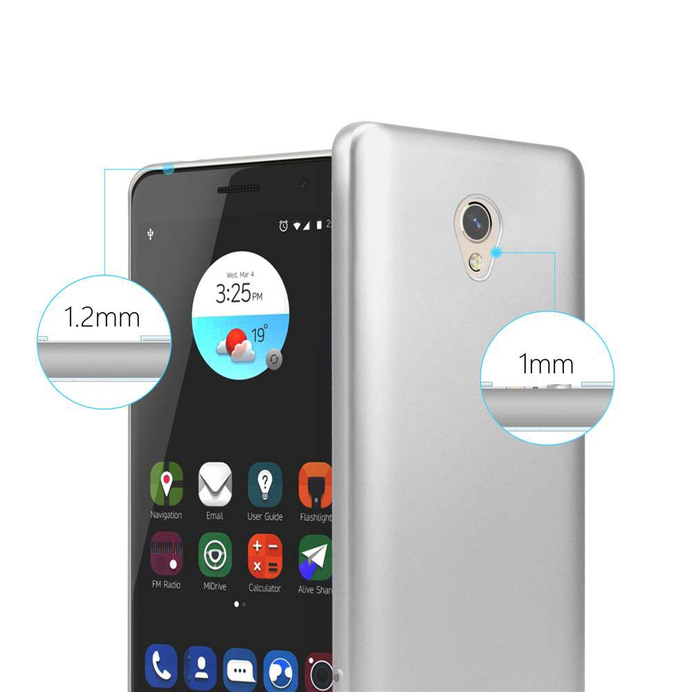 Un telefono con retro argento e schermo nero. Lo schermo mostra app, ora e durata della batteria.