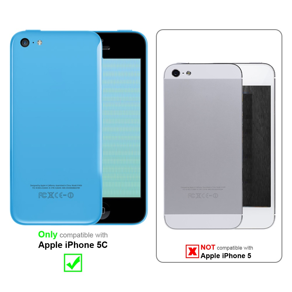 Dos teléfonos, uno azul, uno plateado. Texto indica compatibilidad solo con iPhone 5C.
