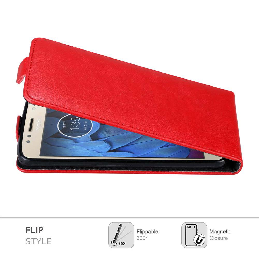 Una custodia rossa per telefono è aperta, rivelando un telefono. Testo: 'FLIP STYLE' con icone. Sfondo bianco.