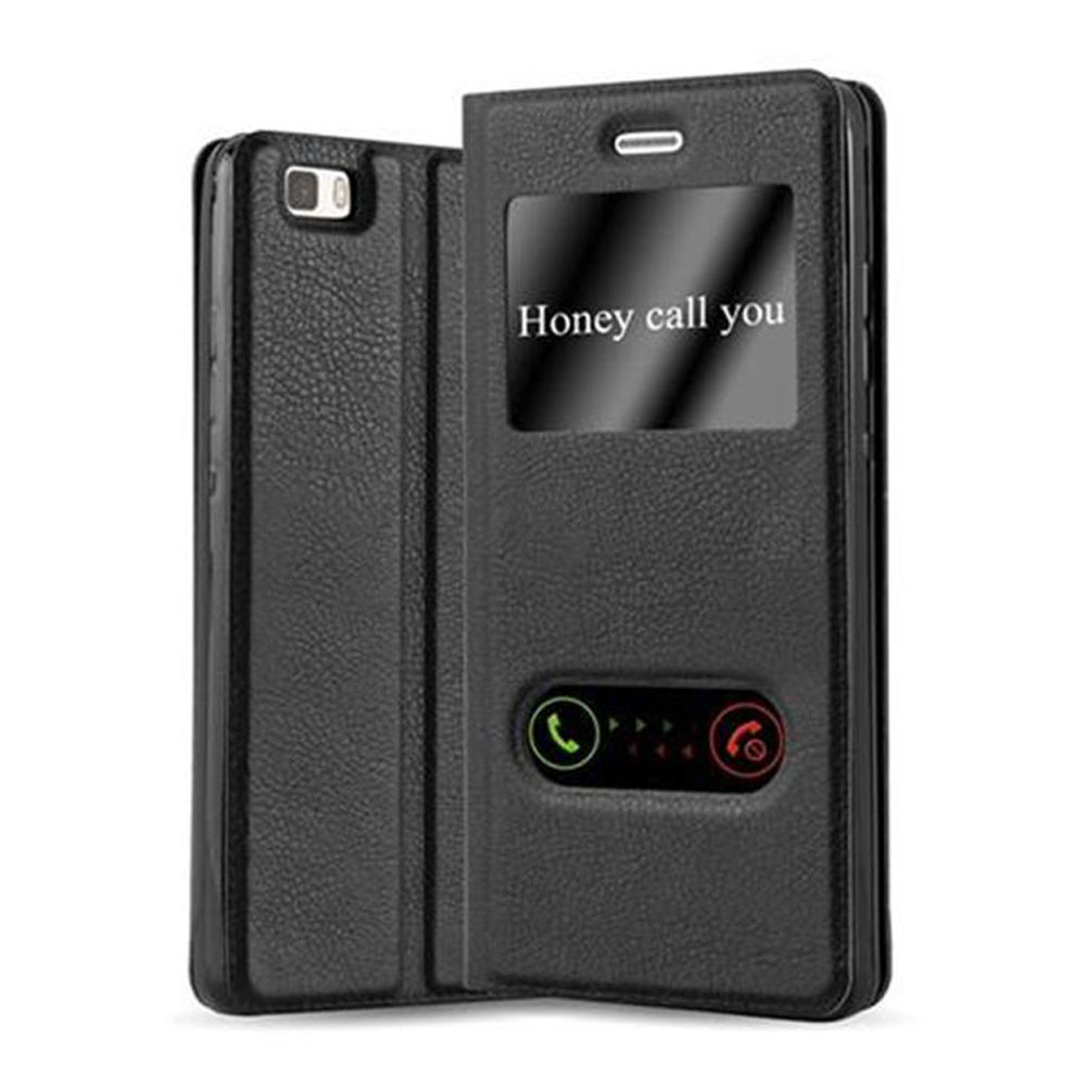Una funda negra para teléfono. La funda abierta tiene una pantalla con las palabras "Honey call you".