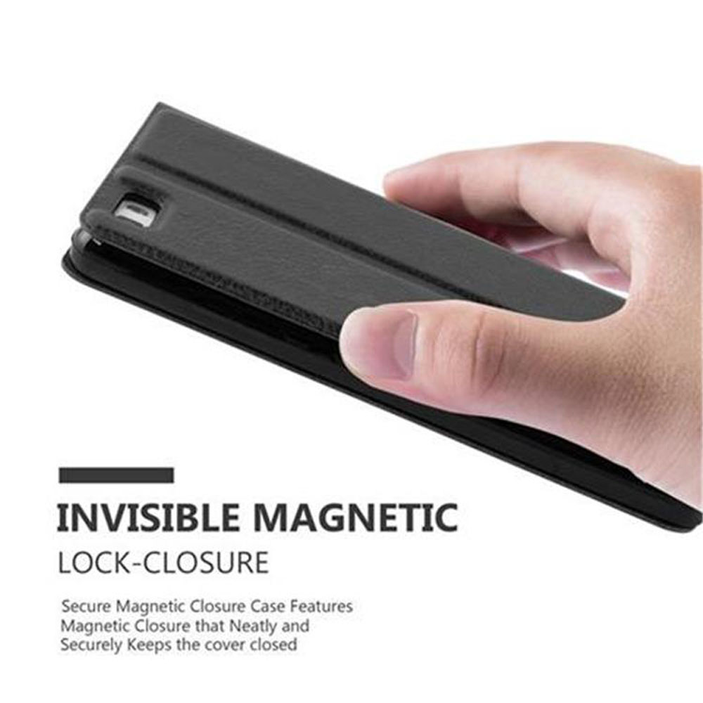 Funda de teléfono negra que se cierra con la mano, con el texto 'INVISIBLE MAGNETIC LOCK-CLOSURE'.