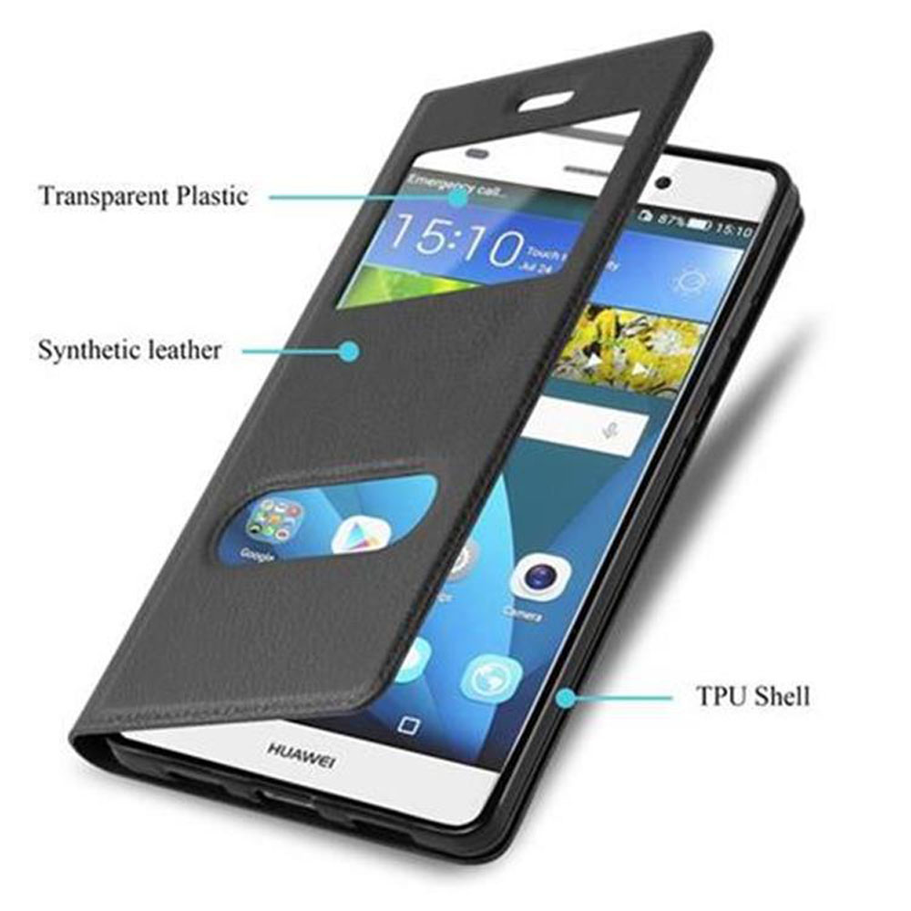 Funda de teléfono abierta con teléfono dentro, mostrando la pantalla. Plástico transparente, cuero sintético, carcasa TPU.