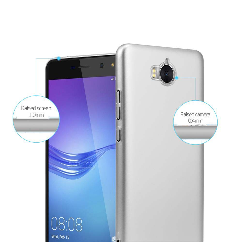 Un telefono argentato con schermo e fotocamera rialzati, con una custodia argentata intorno.