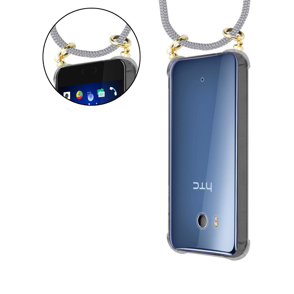 Handyhülle mit Lanyard. Das Telefon ist blau und hat ein htc-Logo.