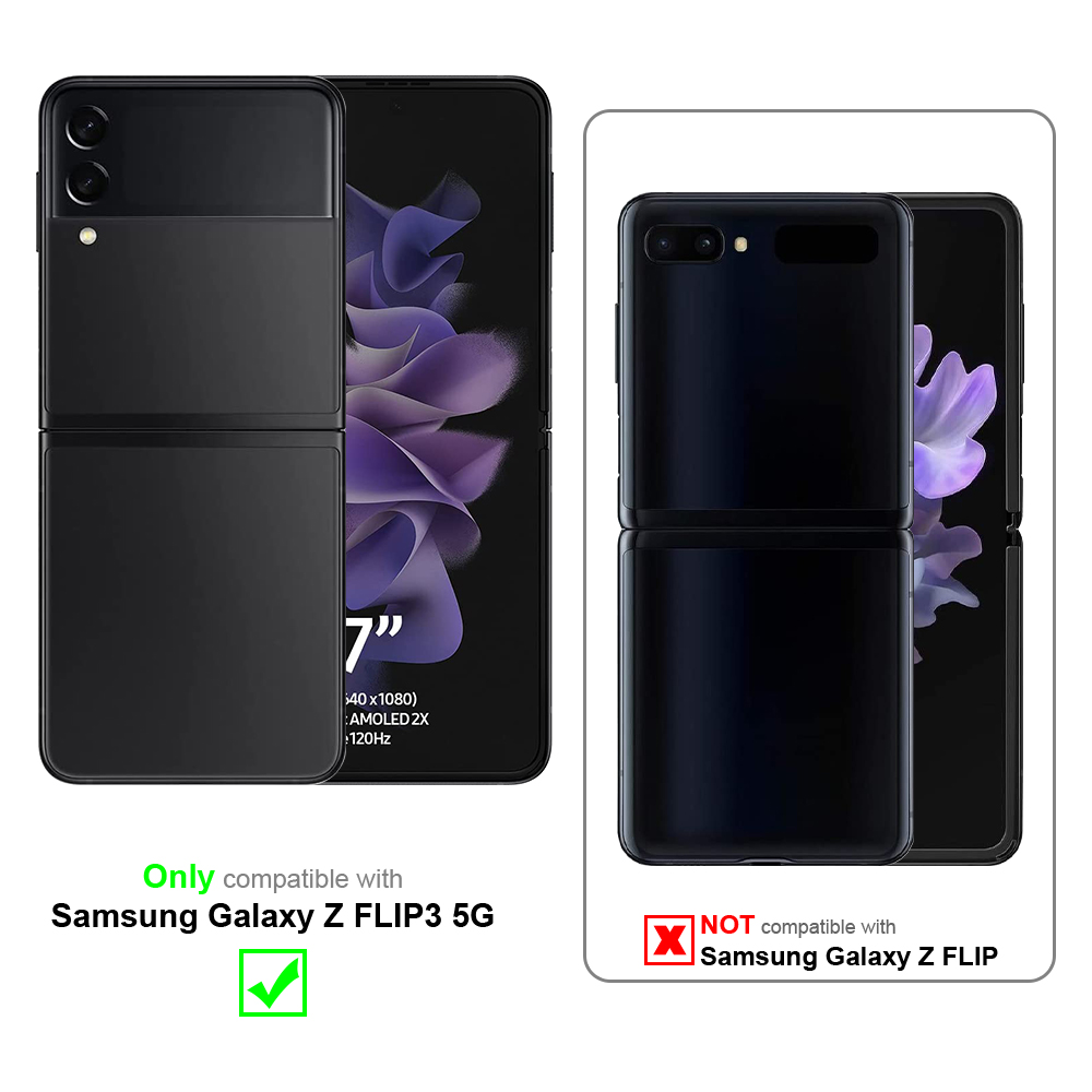 Due telefoni pieghevoli neri: Z Flip3 (compatibile) e Z Flip (non compatibile) con testo.