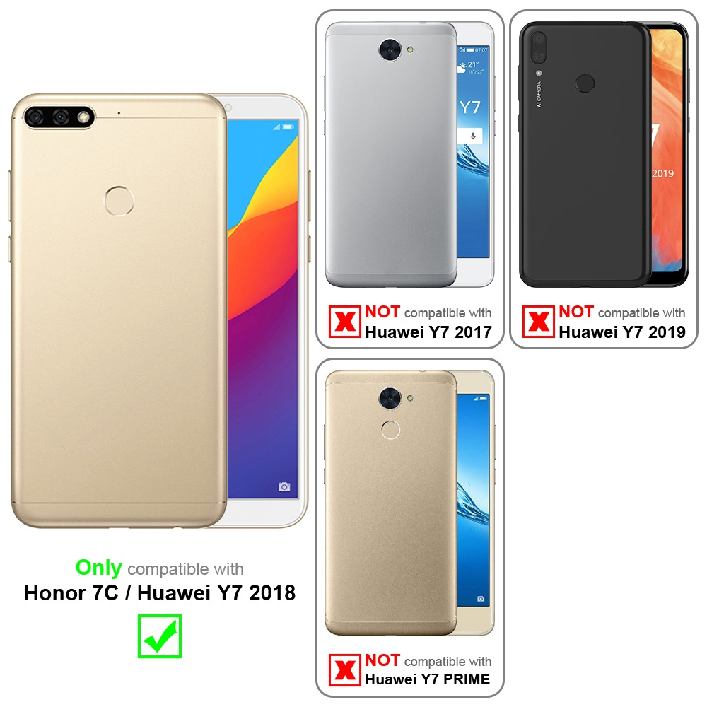 Quattro telefoni, che mostrano compatibilità con Honor 7C/Huawei Y7 2018 e incompatibilità con altri.