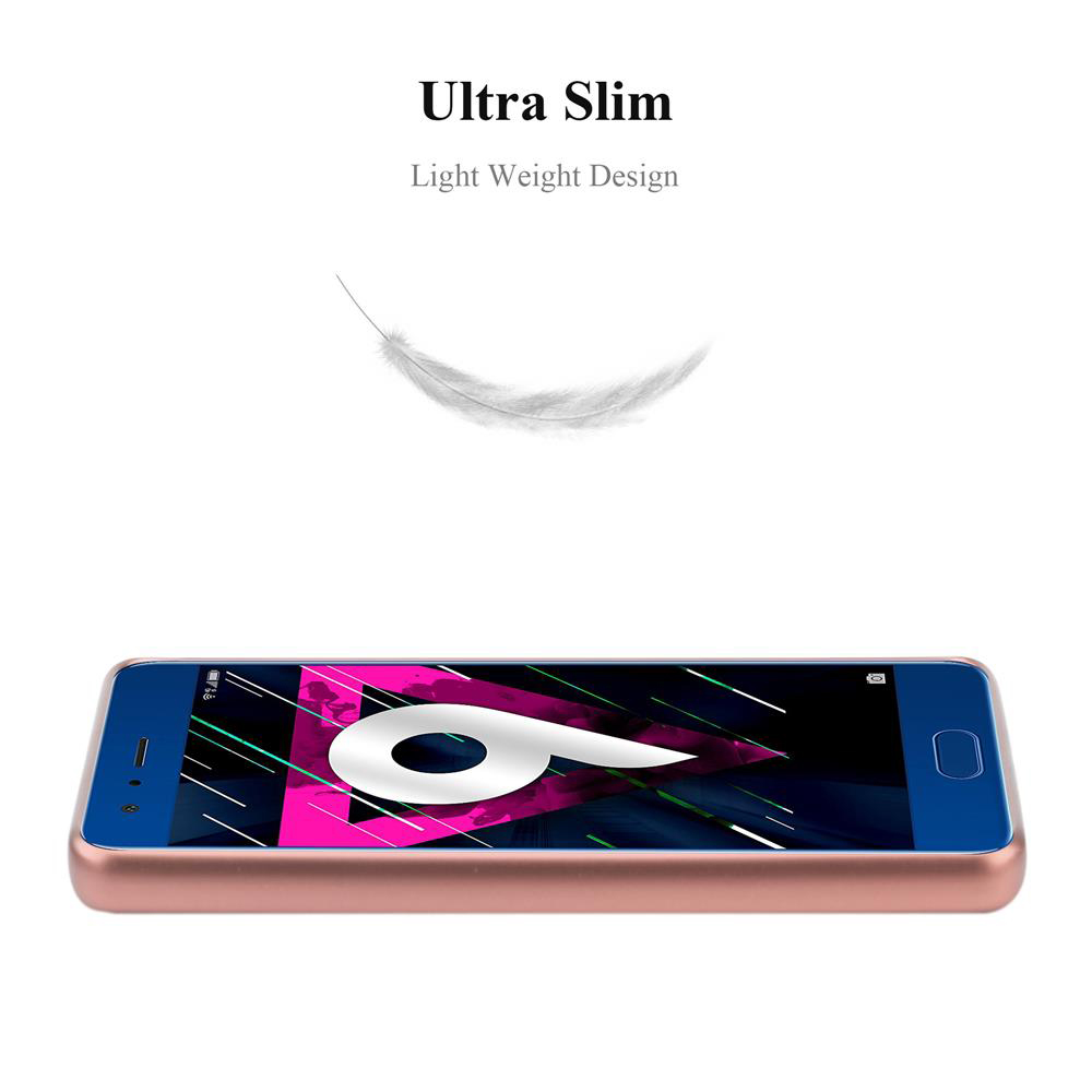 Telefono con schermo che mostra un design colorato, cornice oro rosa, con grafica di piuma bianca.