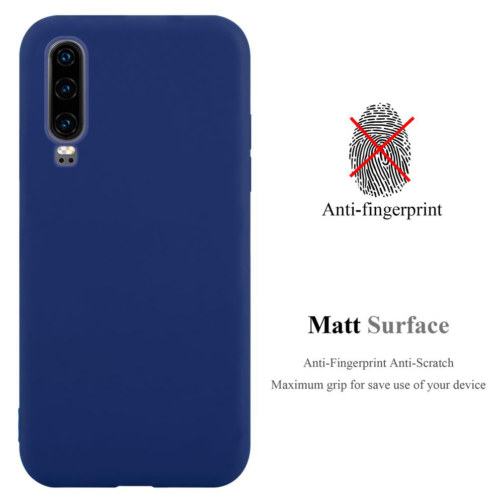 Custodia per telefono blu. Testo: Anti-impronte digitali, Superficie opaca. Un'impronta digitale con una croce.