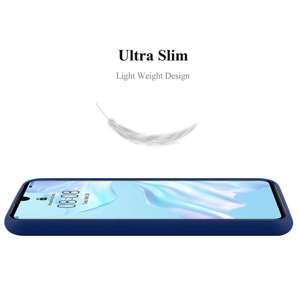 Custodia e telefono blu. Piuma sopra. Testo: Ultra Slim, Light Weight Design, schermo del telefono visibile.
