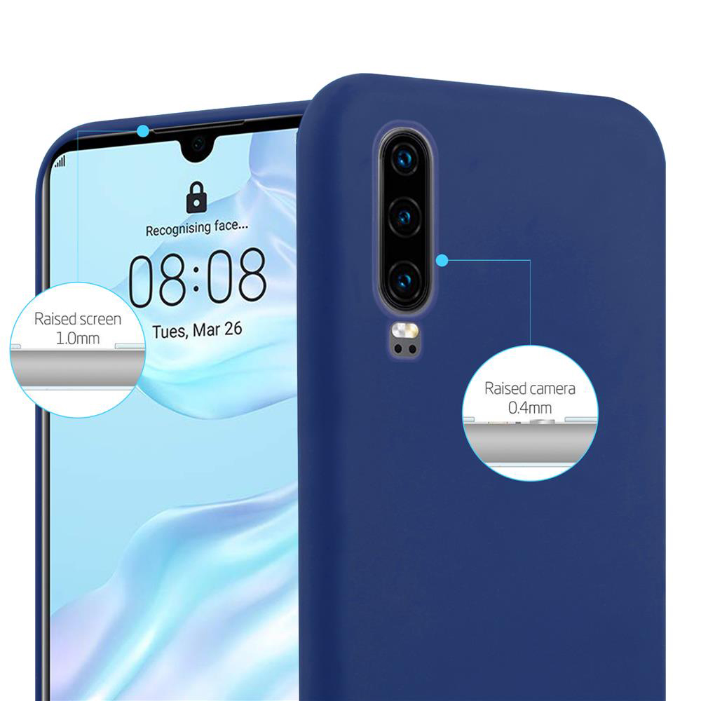 Telefono blu in una custodia. Il testo evidenzia la protezione dello schermo e della fotocamera.
