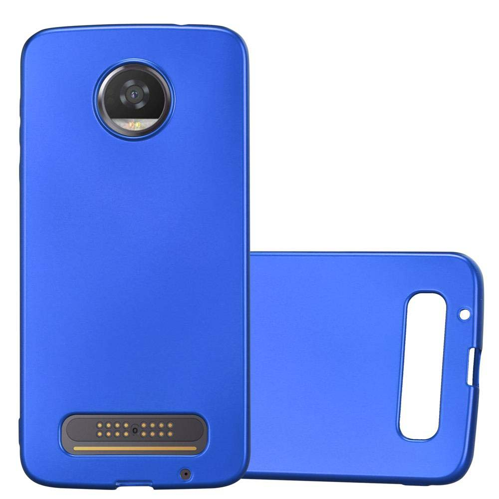 Funda de teléfono azul con un teléfono dentro. La funda está en la parte trasera del teléfono.