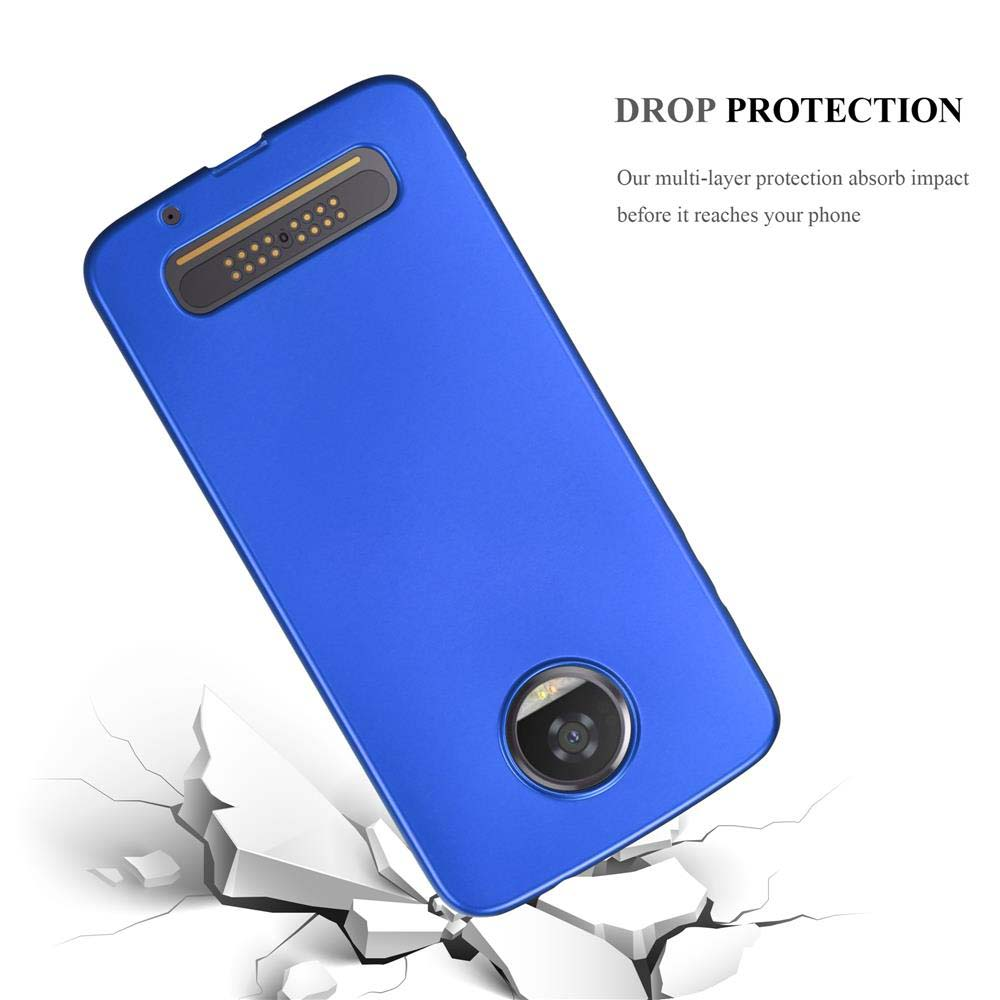 Funda de teléfono azul en ángulo, suelo agrietado. El texto dice: Drop Protection.