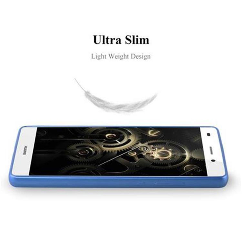 Funda de teléfono azul con una pantalla blanca que muestra engranajes, texto: Ultra Slim.