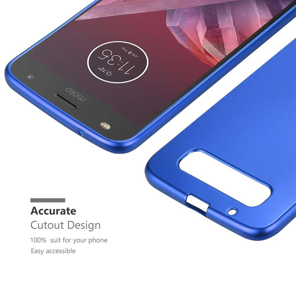 Una funda azul para teléfono con un teléfono dentro. La pantalla del teléfono está encendida.