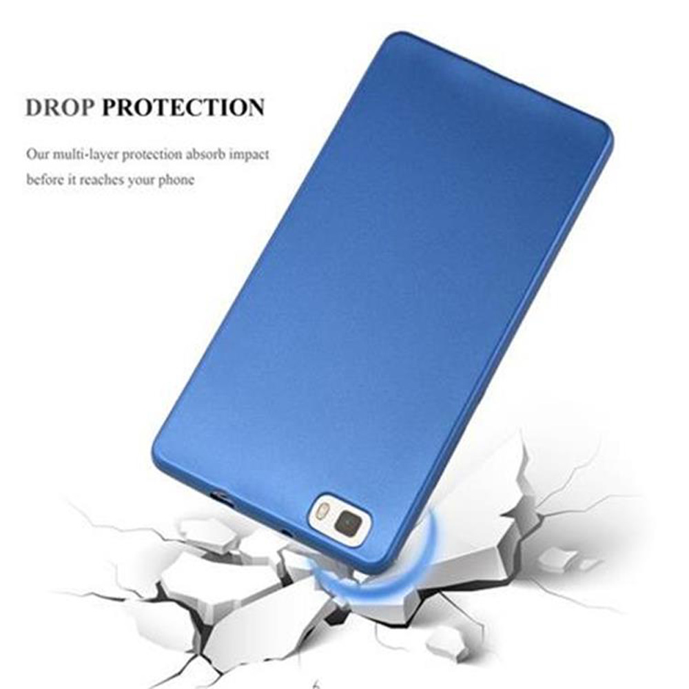 Funda azul para teléfono cayendo, rompiendo un bloque blanco. Texto: Protección contra caídas.
