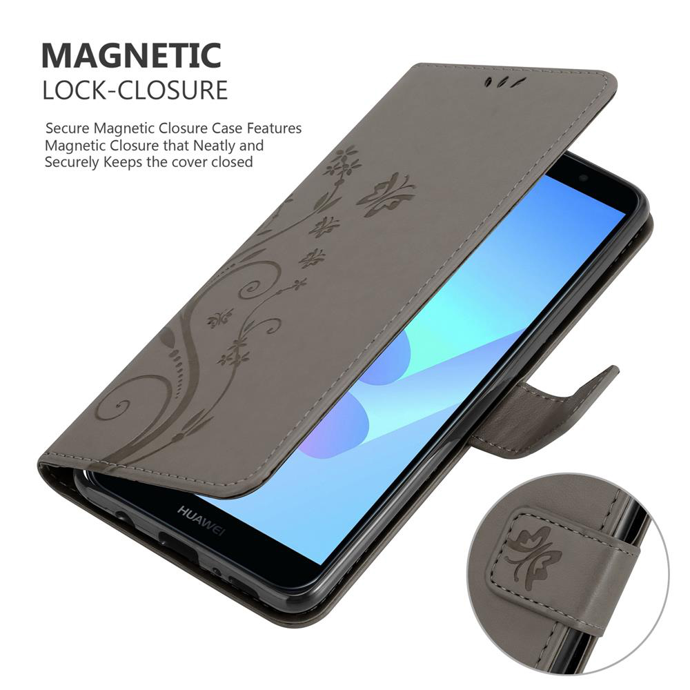 Custodia grigia aperta con design floreale, mostra lo schermo del telefono. Su superficie bianca.
